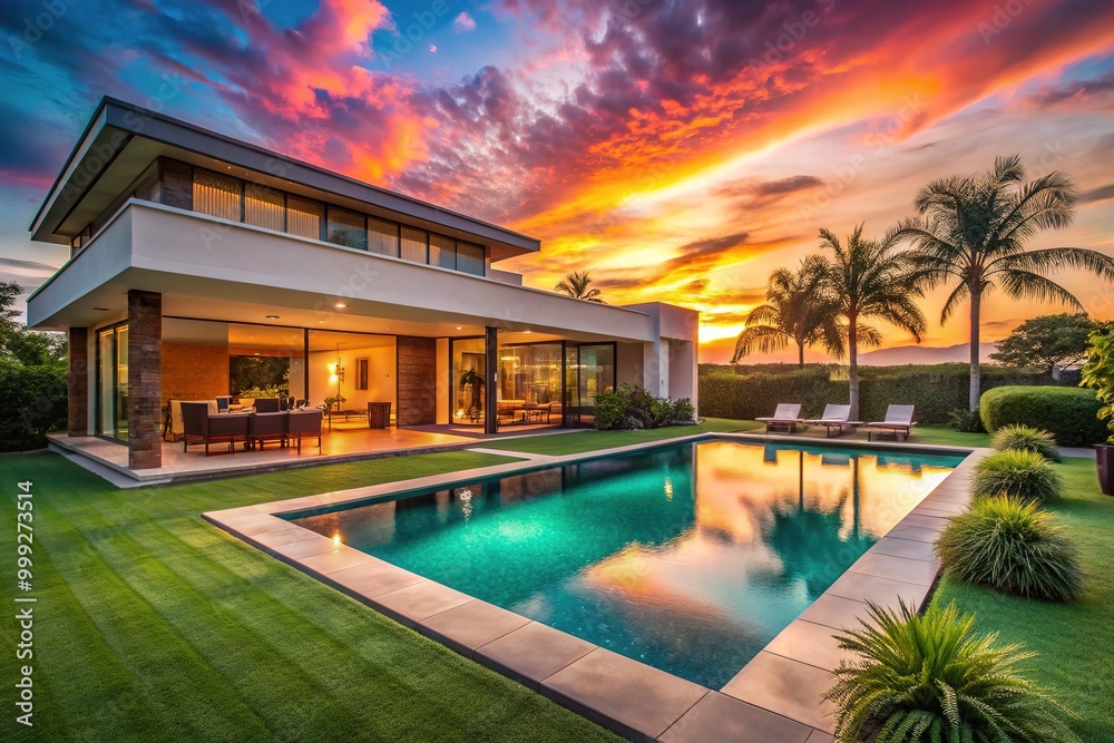 Serene modern house with well-manicured lawn and turquoise pool sparkles under a vibrant sunset, evoking a sense of luxury and tranquility in a tropical paradise. Serene modern house with well-manicured lawn and turquoise pool sparkles under a vibrant sunset, evoking a sense of luxury and tranquility in a tropical paradise.