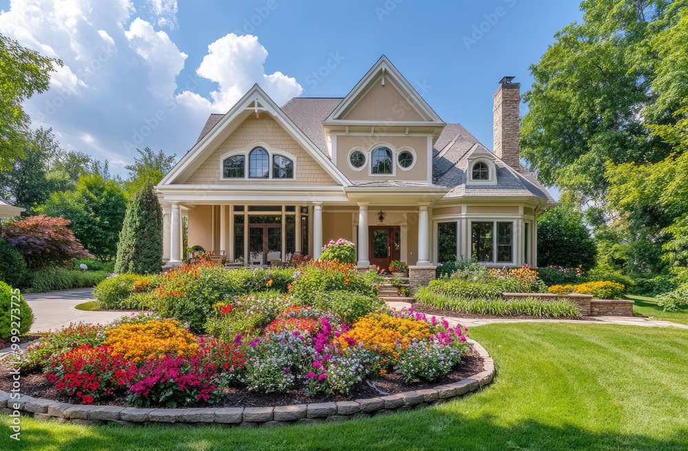 A beautiful home with a large front yard, surrounded by lush green trees and colorful flowers in the flower beds. A beautiful home with a large front yard, surrounded by lush green trees and colorful flowers in the flower beds.