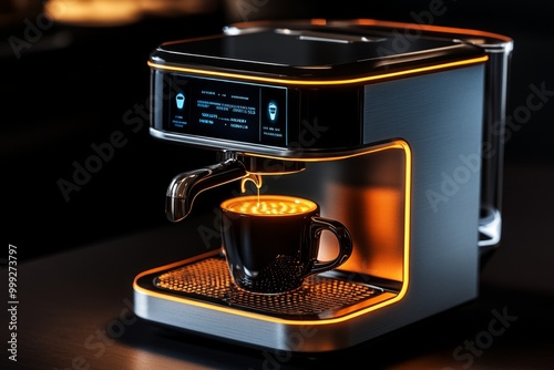 Futuristic coffee maker with holographic controls, where the machine scans the userâ€™s preferences and creates the perfect cup of coffee with glowing digital screens photo