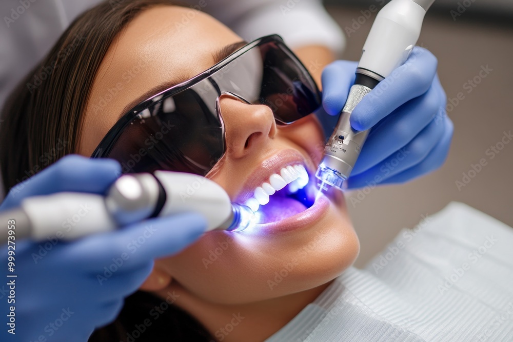 Futuristic dental tools using laser technology, where the dentist repairs teeth with light-based instruments that create a seamless, painless experience Futuristic dental tools using laser technology, where the dentist repairs teeth with light-based instruments that create a seamless, painless experience
