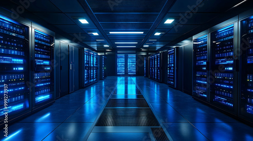 Data Center Server Room Interior with Blue Lights and Network Hardware