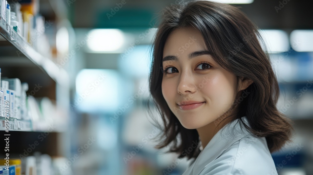 日本の薬局で薬剤師が棚を整理している様子