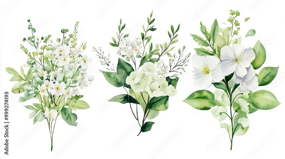 Naklejka premium Minimal wedding invitation frame set; flowers, leaves, watercolor, isolated on white. Sketch bouquets, bouquets of flowers and herbs in green colors. nature art.