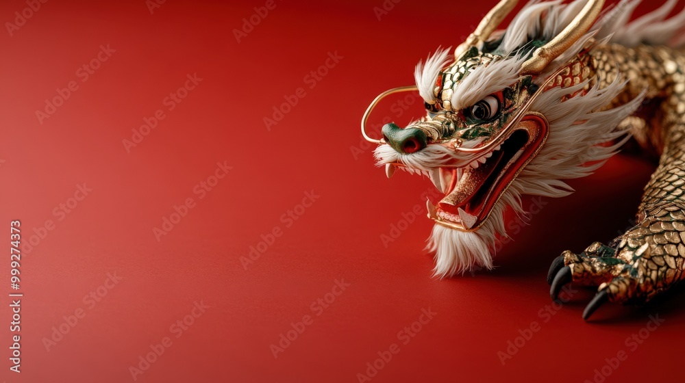 Naklejka premium アジア風の装飾に最適な、鮮やかな赤の背景に金色のアクセントが付いた精巧な赤いドラゴン