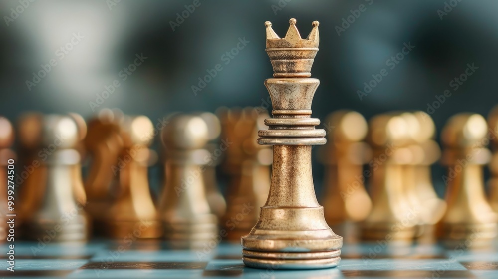 Chess piece specifically the king wearing a crown standing alone on a chessboard Chess piece specifically the king wearing a crown standing alone on a chessboard
