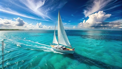Sleek sailboat glides across turquoise ocean waters, its white sails billowing in the gentle breeze, with a distant horizon and a few wispy clouds.
