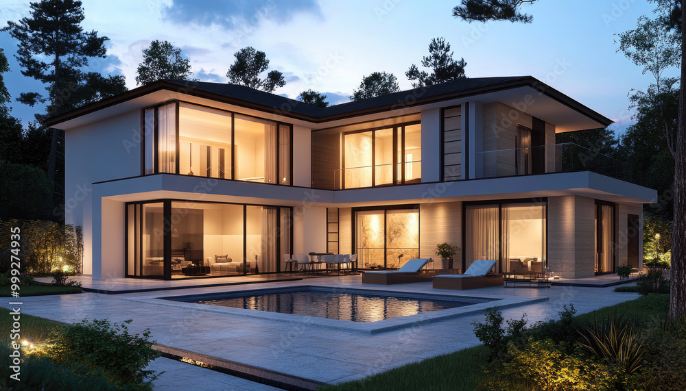 bright white mansion with a pool and garden at dusk bright white mansion with a pool and garden at dusk