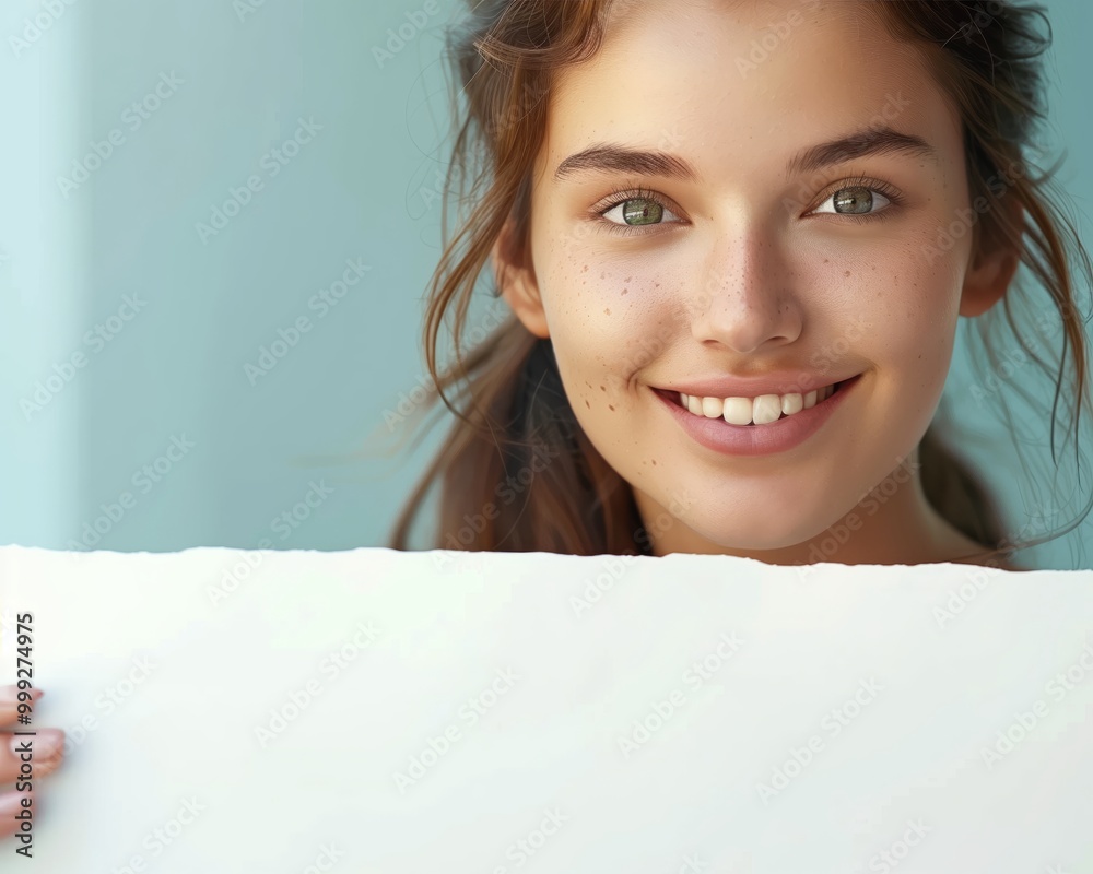 Smiling Young Woman Holding Blank Signboard for Custom Message Smiling Young Woman Holding Blank Signboard for Custom Message