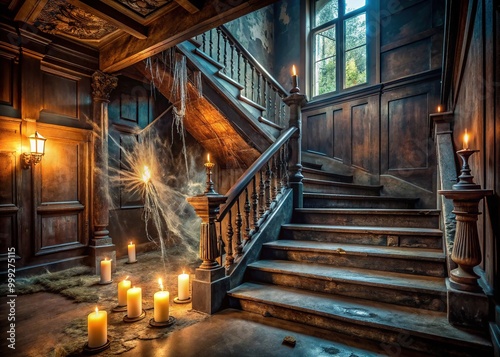 Spooky abandoned mansion interior with creaky wooden stairs, flickering candles, and cobwebs, creating an eerie atmosphere of foreboding and mystique. photo