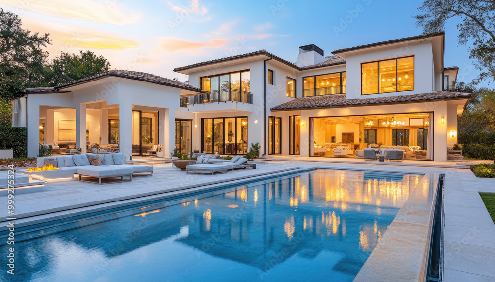 Fototapeta premium bright white mansion with a pool and garden at dusk