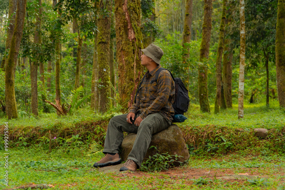 An adventurer is sitting on a large rock in a dense pine forest. An Asian man in a flannel shirt and bucket hat is sitting and resting while enjoying the tranquility of the beautiful nature. An adventurer is sitting on a large rock in a dense pine forest. An Asian man in a flannel shirt and bucket hat is sitting and resting while enjoying the tranquility of the beautiful nature.