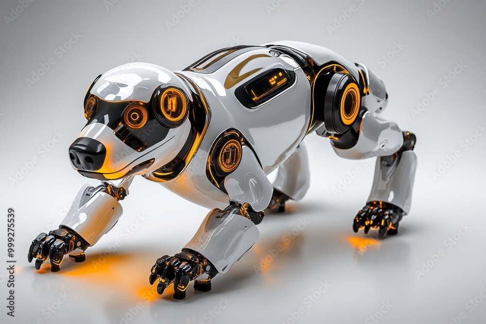 Hyper-realistic shot of a robot dog’s sensors scanning its environment, with reflections of light on its metallic surface and fine details in its joint movements Hyper-realistic shot of a robot dog’s sensors scanning its environment, with reflections of light on its metallic surface and fine details in its joint movements