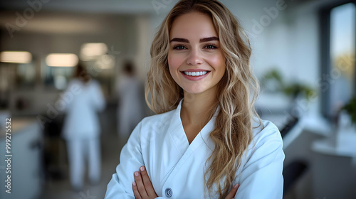 Smiling Woman in White Lab Coat with Long Blonde Hair