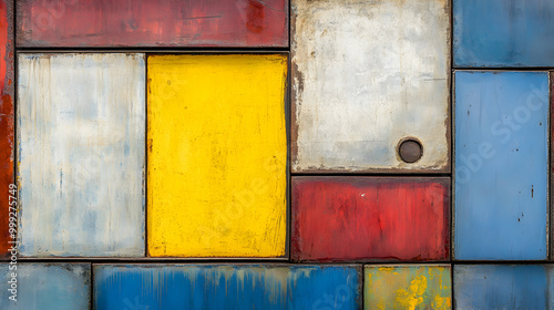 Abstract geometric pattern of colorful painted metal panels.