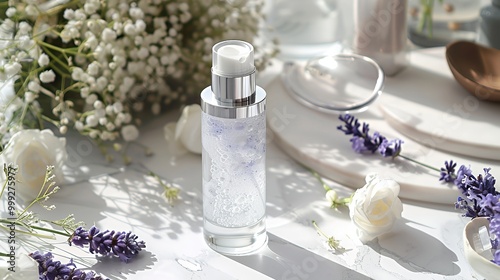 Glass bottle of clear liquid with white flowers and purple lavender flowers on a white marble countertop.