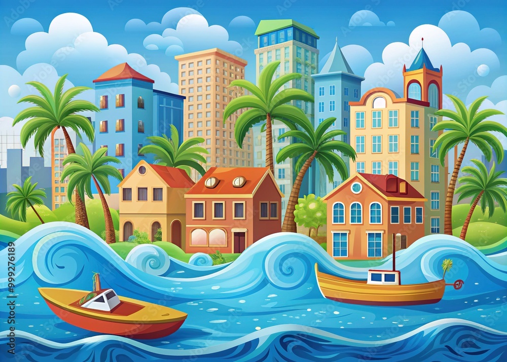 Fototapeta premium Vibrant flat illustration of a flooded cityscape with colorful buildings and palm trees submerged in swirling blue water and surrounded by rescue boats.