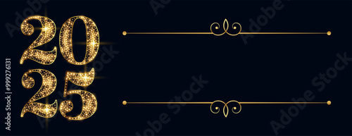 golden sparkling 2025 new year lettering banner with text space