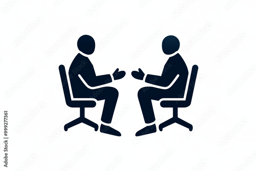 Minimalist therapy session icon, showing two people sitting across from each other, with simple, clean lines representing communication and empathy Minimalist therapy session icon, showing two people sitting across from each other, with simple, clean lines representing communication and empathy