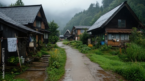 ポスターや旅行ガイドのための、春の静かな日本の伝統的な村