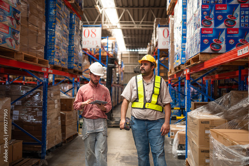 Warehouse manager talking and using digital tablet while checking product in warehouse, Logistic industry concept.