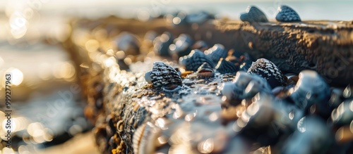 A Shallow Focus Closeup Shot Of Goose Barnacles On A Log In The Beach Goose Barnacles Barnacle On Plastic Crate At Sea Beach The Shell Named Goose Barnacles Non Focus Show Natural Goose Barnacles photo