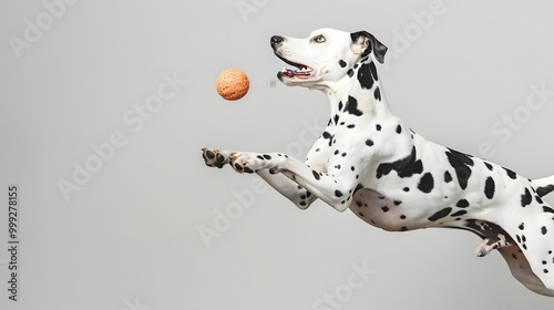 A Dalmatian puppy playing with a ball on a white background, showing its cute spotted coat and playful nature The dog is running and having fun, capturing a joyful moment of a playful pet photo