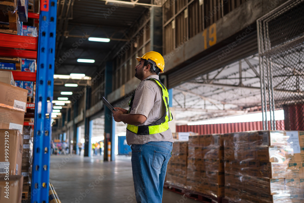Portrait of male staff with holding clipboard working in warehouse, Industrial and industrial workers concept. Portrait of male staff with holding clipboard working in warehouse, Industrial and industrial workers concept.