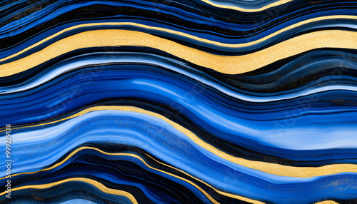 Abstract blue, black, and gold liquid art.