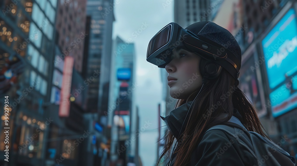 Woman wearing a VR headset stands in a city street surrounded by tall buildings.