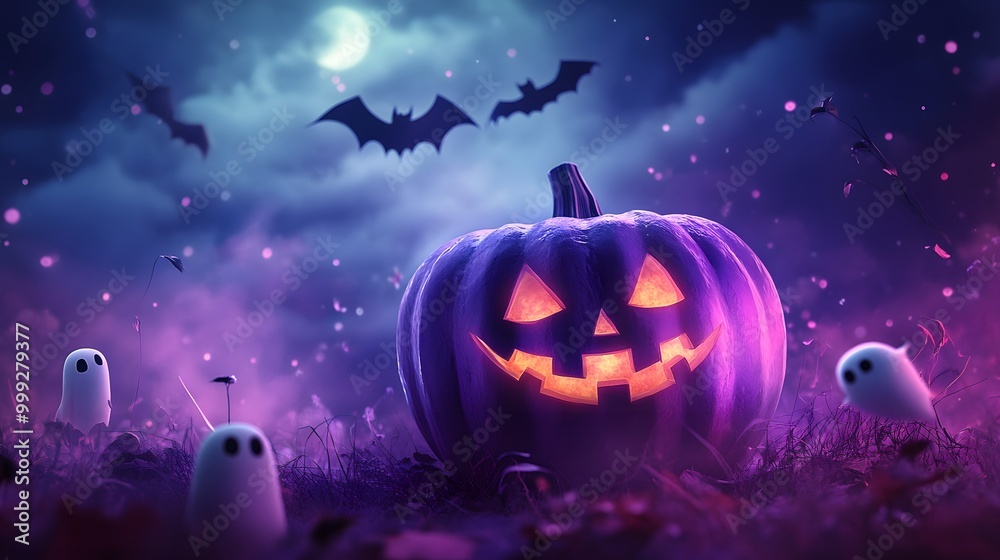 Fototapeta premium A pastel purple pumpkin with a smiling face surrounded by little ghosts and bats in the sky