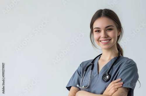 Portrait of a smiling young female nurse with a stethoscope against a white background photo