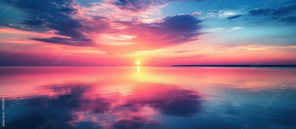 Fototapeta premium Vibrant sunset over a calm ocean with reflections of clouds and the sun in the water.