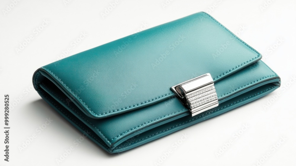 A lady's clutch wallet in teal with an elegant metal clasp, isolated on a plain background A lady's clutch wallet in teal with an elegant metal clasp, isolated on a plain background