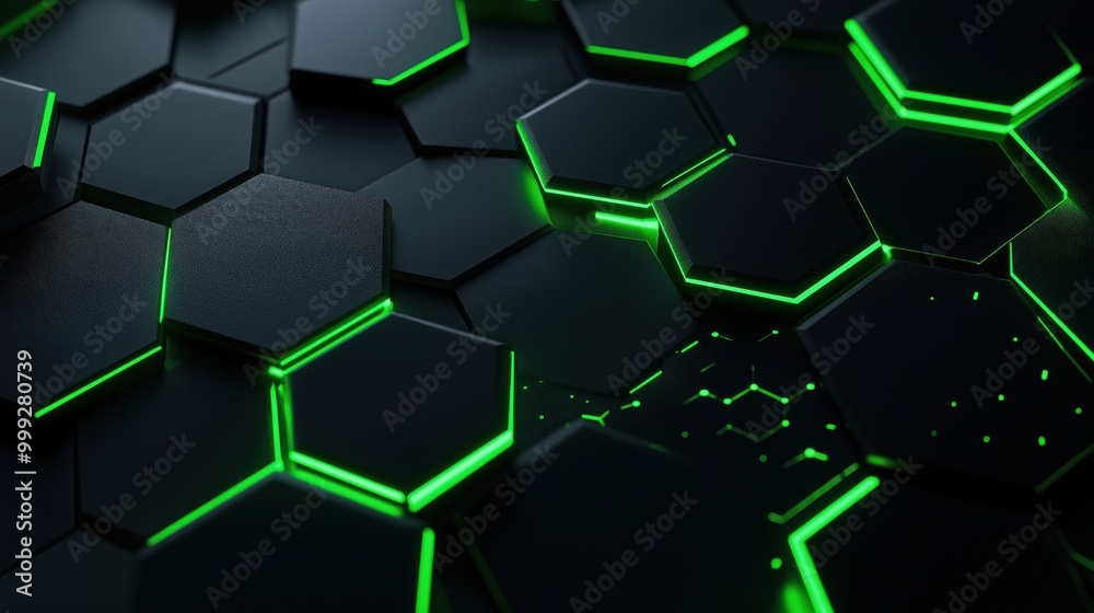 Black background with green neon hexagons arranged in an octagonal pattern Black background with green neon hexagons arranged in an octagonal pattern