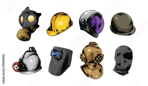 Set drawing of helmet and mask. Isolated on white background. Engraving hand drawn colored vector illustration.