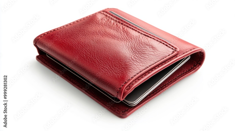 A red wallet with multiple card slots and a cash compartment open, isolated on a white background A red wallet with multiple card slots and a cash compartment open, isolated on a white background