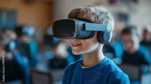 Boy Using Virtual Reality Headset In Classroom