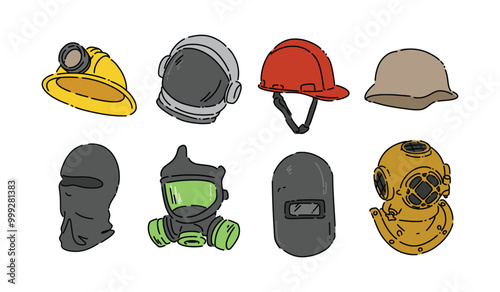 Set collection colored line drawing of helmet and mask. Miner, astronaut, safety, army, balaclava, gas mask, welding, and old diving helmet. Vector illustration.