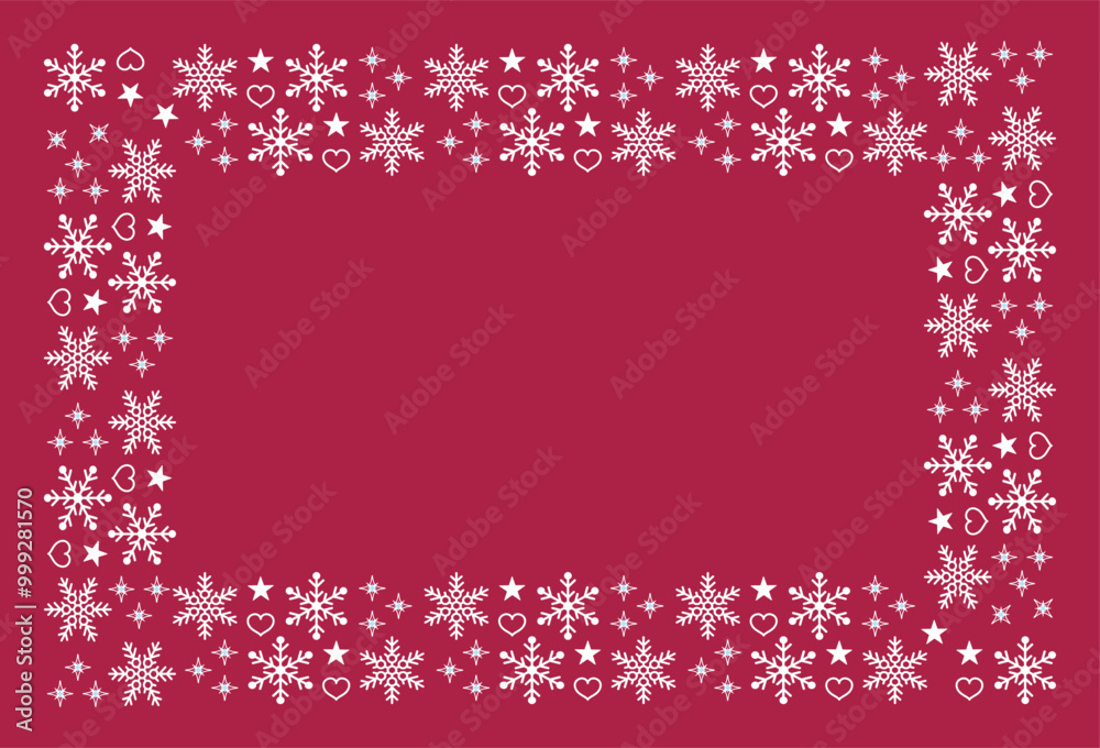 Rectangle frame made of snowflakes isolated on magenta background. With copy space for your text. White snowflakes and small stars. Decorative element for Christmas and New Year design.
Rectangle frame made of snowflakes isolated on magenta background. With copy space for your text. White snowflakes and small stars. Decorative element for Christmas and New Year design.