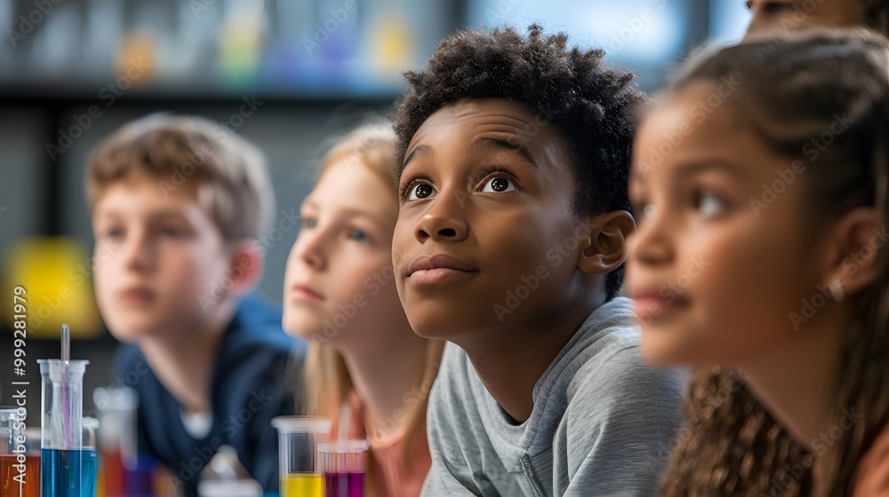 Obraz premium A young boy with dark skin looks up in a classroom, surrounded by his classmates