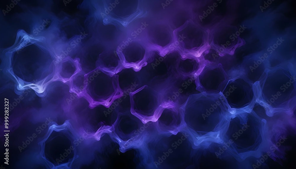 An abstract composition of hexagonal shapes glowing in deep blue and intense purple, against a dark background with swirling mist for added depth. An abstract composition of hexagonal shapes glowing in deep blue and intense purple, against a dark background with swirling mist for added depth.