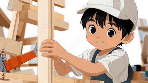 春に向けて伝統的な家を建てる日本の子供大工のポスター