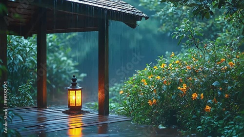 Wallpaper Mural A lantern glows warmly under a wooden roof as rain falls on a lush green garden. Torontodigital.ca