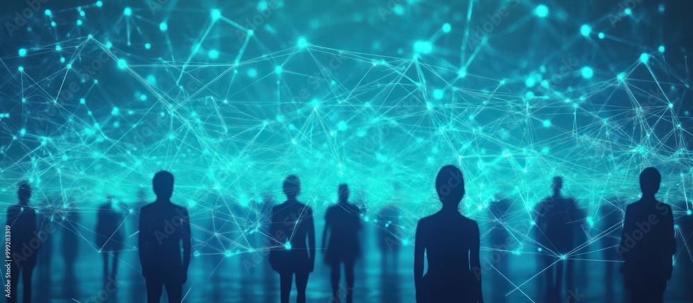 custom made wallpaper toronto digitalSilhouettes of people standing in front of a glowing blue network of lines.