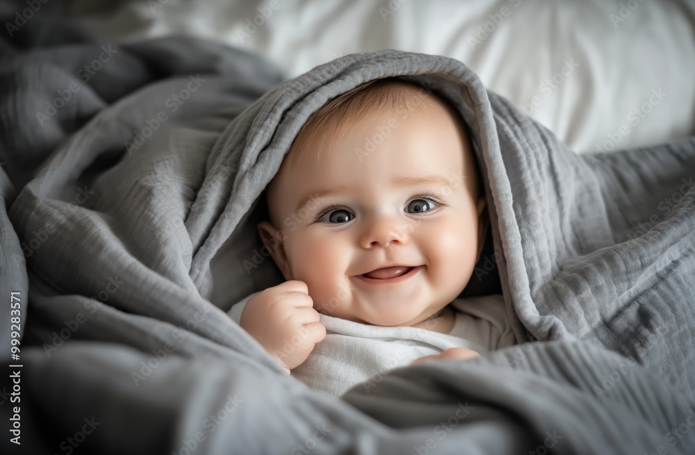 Portrait of a happy baby under a gray blanket on a bed Portrait of a happy baby under a gray blanket on a bed