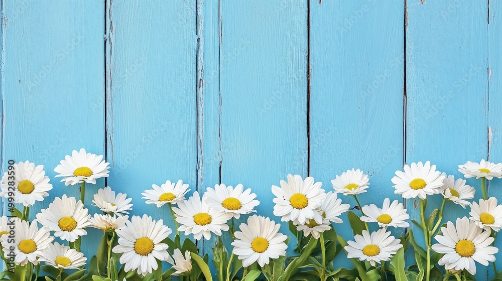 Fototapeta premium Beauty daisy flowers arranged parallel to the bottom wooden with blue board background