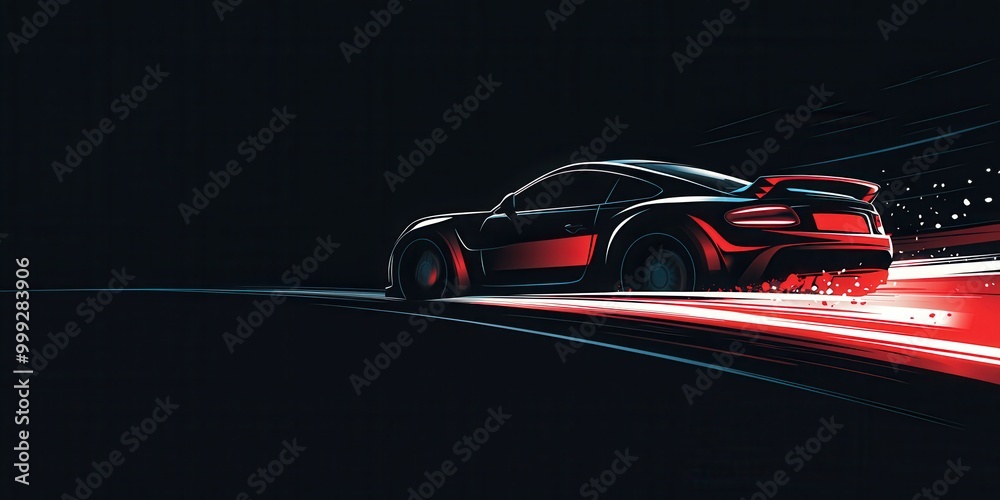 illustration of a car driving fast on the road at night with red and white light silhouette illustration of a car driving fast on the road at night with red and white light silhouette