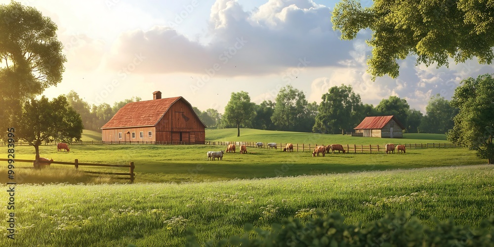 landscape with barn, Scenic Rural Farm with Free-Range Animals Surrounded by Lush Green Fields and Traditional Barns Ideal for Agriculture, Sustainable Living, and Country Lifestyle Inspiration landscape with barn, Scenic Rural Farm with Free-Range Animals Surrounded by Lush Green Fields and Traditional Barns Ideal for Agriculture, Sustainable Living, and Country Lifestyle Inspiration