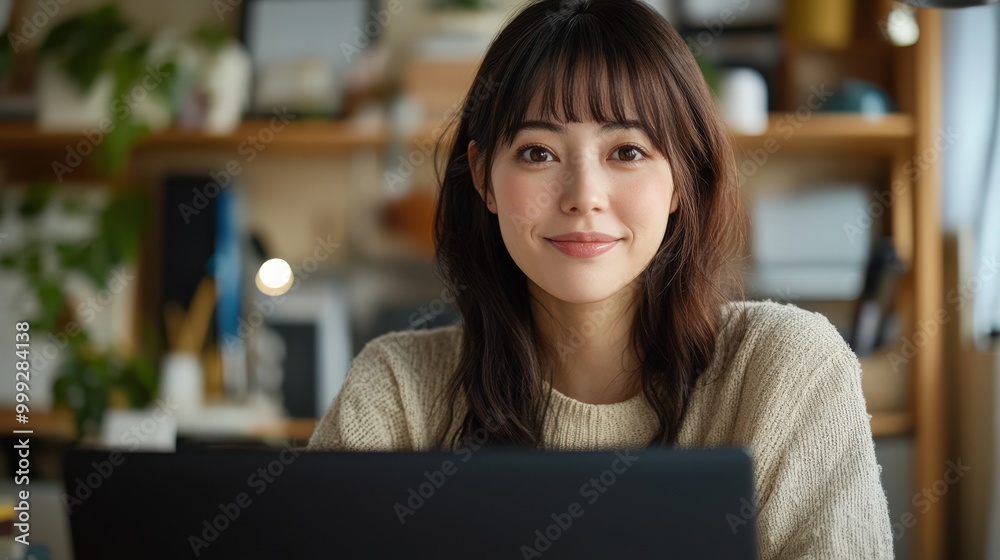 春のインスピレーションを得るために、居心地の良い環境で在宅勤務する日本人女性 春のインスピレーションを得るために、居心地の良い環境で在宅勤務する日本人女性