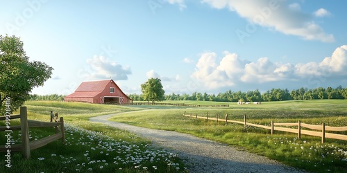 landscape with a barn in the background, Scenic Rural Farm with Free-Range Animals Surrounded by Lush Green Fields and Traditional Barns Ideal for Agriculture, Sustainable Living, and Country Lifestyl